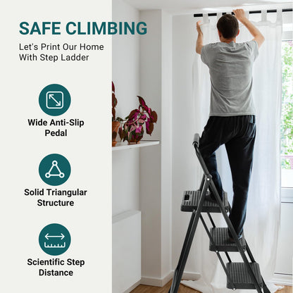 SMUG Step Ladder, 3 Step Stool Foldable with Anti-Slip Pedal & Comfortable Handrail, 800lbs Capacity Sturdy Steel Ladder, Protable Heavy Duty Step Stool for Kitchen, Garage & Outdoor Use, Black