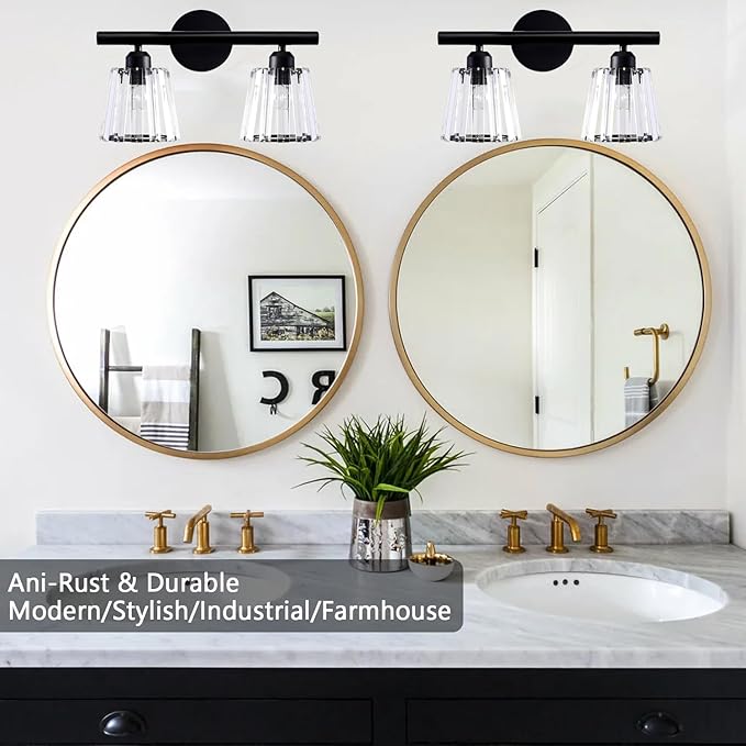 TISLYCO 2 Lights Sconces Wall Decor, Modern Vanity Light Fixture Over Mirror, Black Crystal Wall Sconce for Hallway Entryway Restroom, 2 Lights Bathroom sconces
