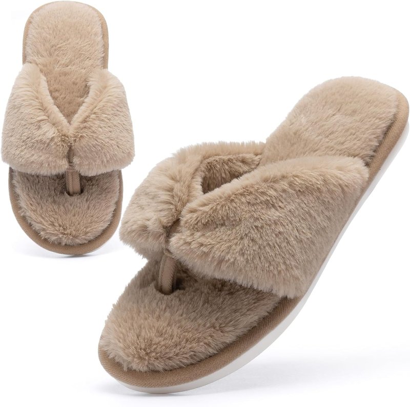 Fluffy House Slippers for Women - Open Toe Memory Foam Slides | Soft Indoor/Outdoor Flip Flops