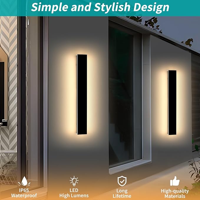 Mikeru 3CCT Dimmable Outdoor Wall Sconce 23.6" IP65 Waterproof - 2Pack Modern Black Exterior Light with Remote Control, Adjustable 3000K/4500K/6000K for Porch, Patio & Commercial Spaces | Hardwired