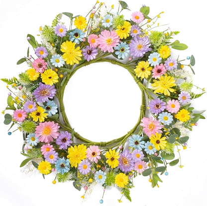 24" Front Door Wreath for Spring Summer Floral Seasonal Wreath with Colorful Flower Vibrant Artificial Daisy &Eucalyptus with Berries for Indoor & Outdoor Wall Home Decor