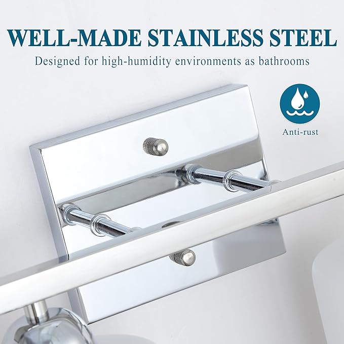 Stainless Steel Bathroom Vanity Light Over Mirror, 2 Light Polished Chrome Bathroom Light Fixtures with Milk Glass and Clear Glass Shades, Modern Vanity Lighting Wall Mount