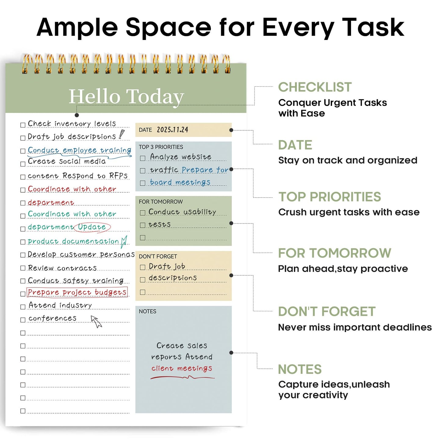 Taja To Do List Notepad - To Do List Notebook for Work with 52 Sheets, 9.8" x 6.5", Undated Daily Planner Perfect for Daily Tasks and Goal Setting, Notepad Suitable for Office, Home & School - Green