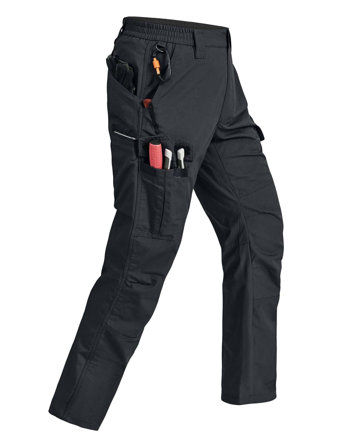 Rapoo Tactical Pants for Men Cargo Working Army Fishing Hiking Pants for Men with Pockets Elastic Waist Mens Ripstop Construction Carpenter Outdoor Pants Black 32Wx34L