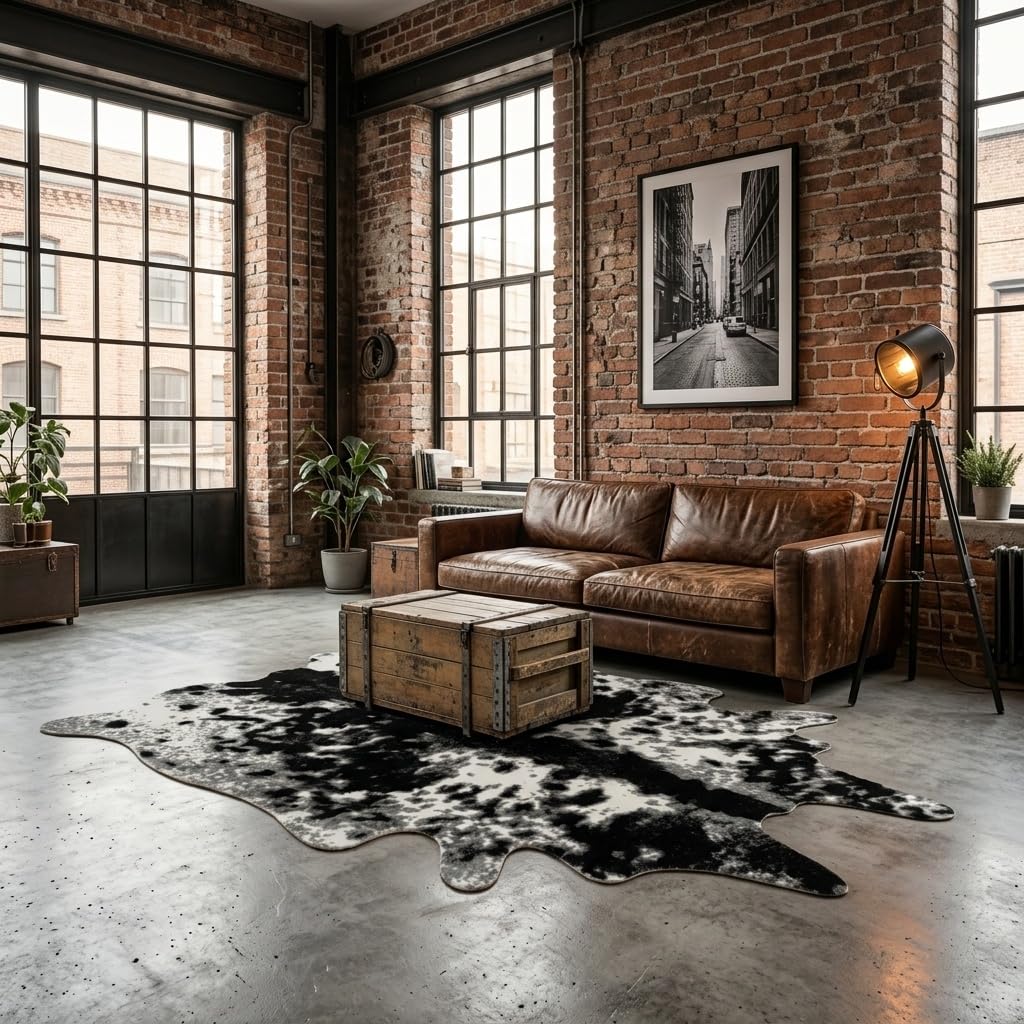 MustMat Faux Cowhide Print Rug, Modern Industrial Man Cave Decor 5'2"x6'7"