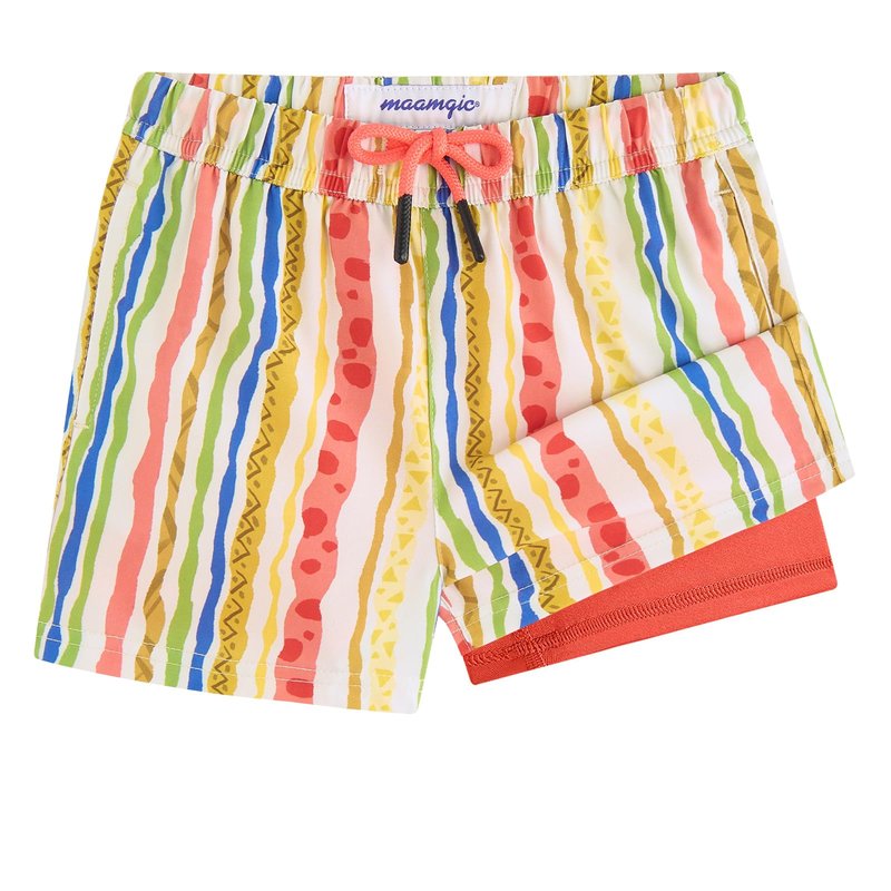 maamgic Boys Swim Trunks with Compression Liner Toddler Stretch Swim Shorts Quick Dry Swimming Trunks Boxer Brief 2 in 1 Beach Shorts Playful Stripes 8