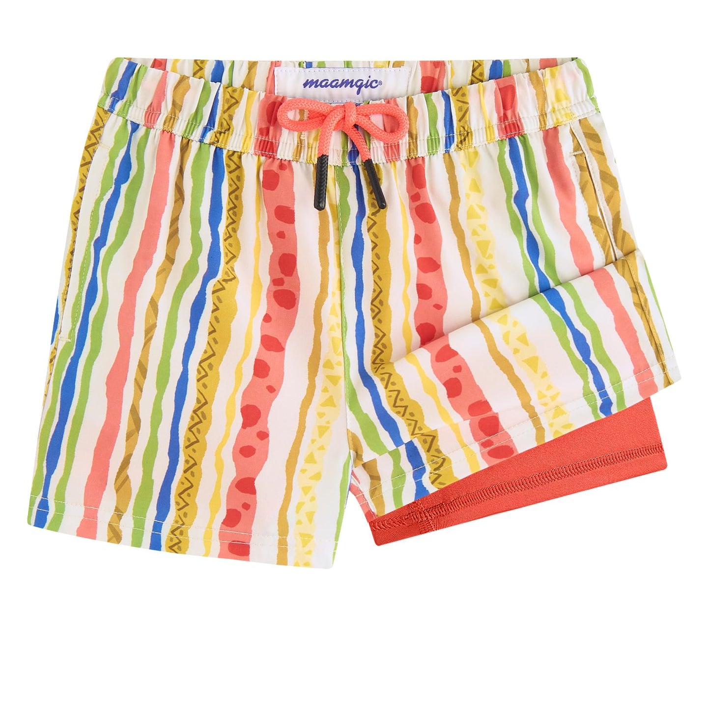 maamgic Boys Swim Trunks with Compression Liner Toddler Stretch Swim Shorts Quick Dry Swimming Trunks Boxer Brief 2 in 1 Beach Shorts Playful Stripes 14/16