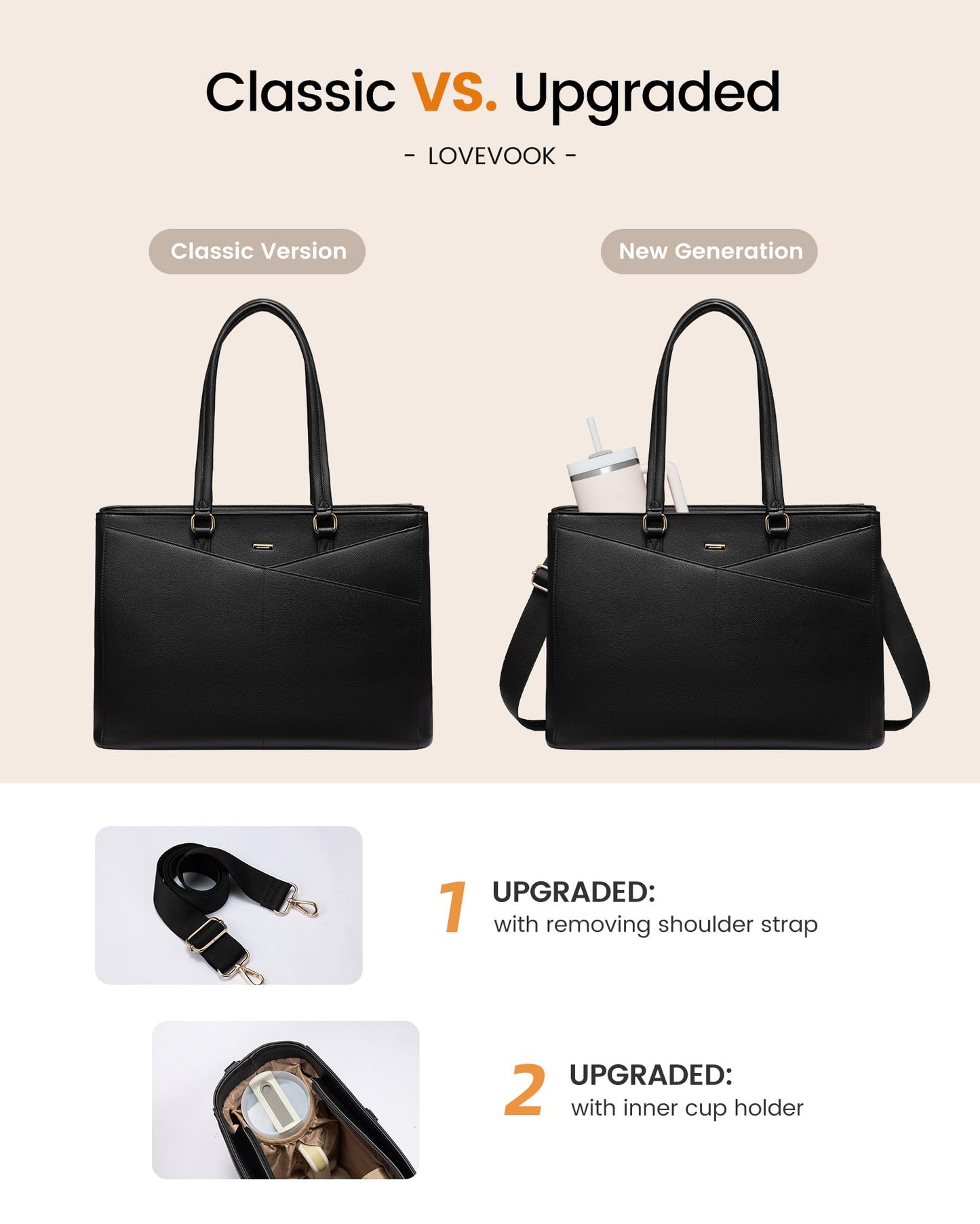 LOVEVOOK Laptop Tote Bag for Women 15.6 Inch Leather Work Bags with Large Cup Holder for Teacher Work Business,Black