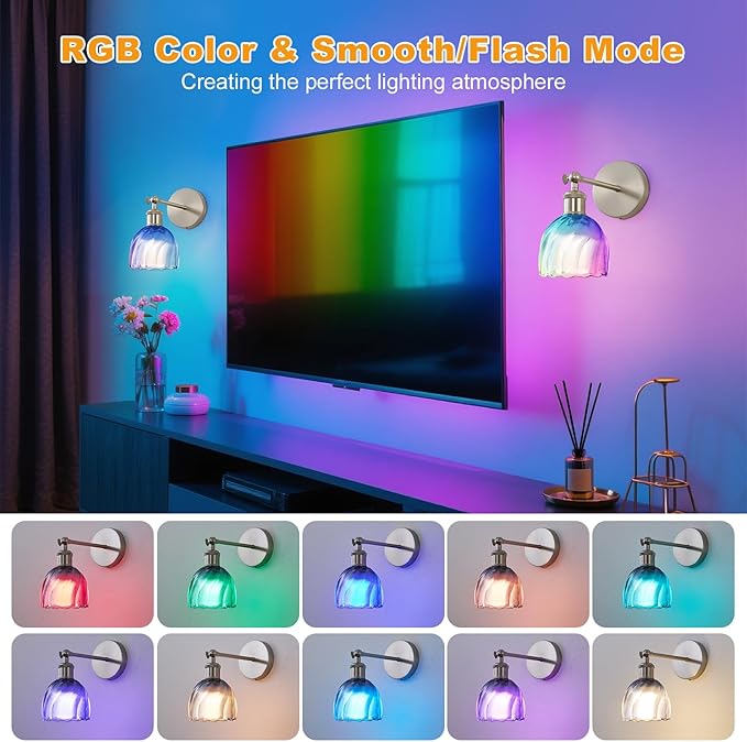 Vintage Battery Powered Cordless Wall Sconce Set of 2, Battery Wall Sconce with Blue Glass Lampshade, Rechargeable Battery Powered Wall Lights with Remote Control for Bedside Bedroom Doorway