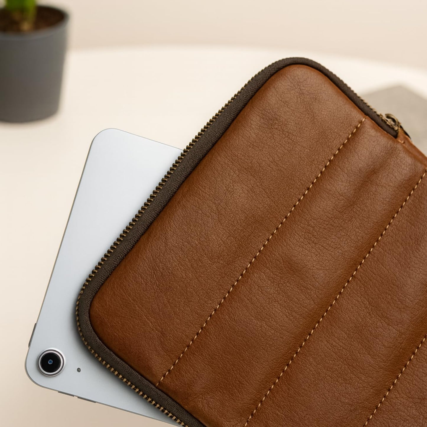 Genuine Leather – The Original Puffy Tablet Sleeve 9–11 Inch Case, Leather Air Pouch for Women & Men, Fits 9th/10th Gen, Pro 11", Air 10.9" + Magic Keyboard (Saddle Brown)