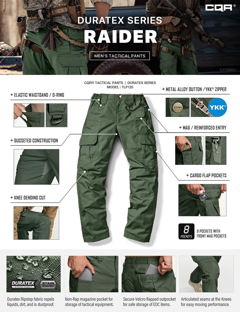 CQR Men's Tactical Pants, Water Resistant Ripstop Cargo Pants, Lightweight EDC Work Hiking Pants, Outdoor Apparel, Raider Mag Green Kelp, 34W x 30L