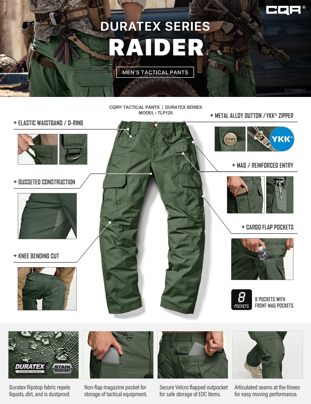 CQR Men's Tactical Pants, Water Resistant Ripstop Cargo Pants, Lightweight EDC Work Hiking Pants, Outdoor Apparel, Raider Mag Green Kelp, 38W x 34L