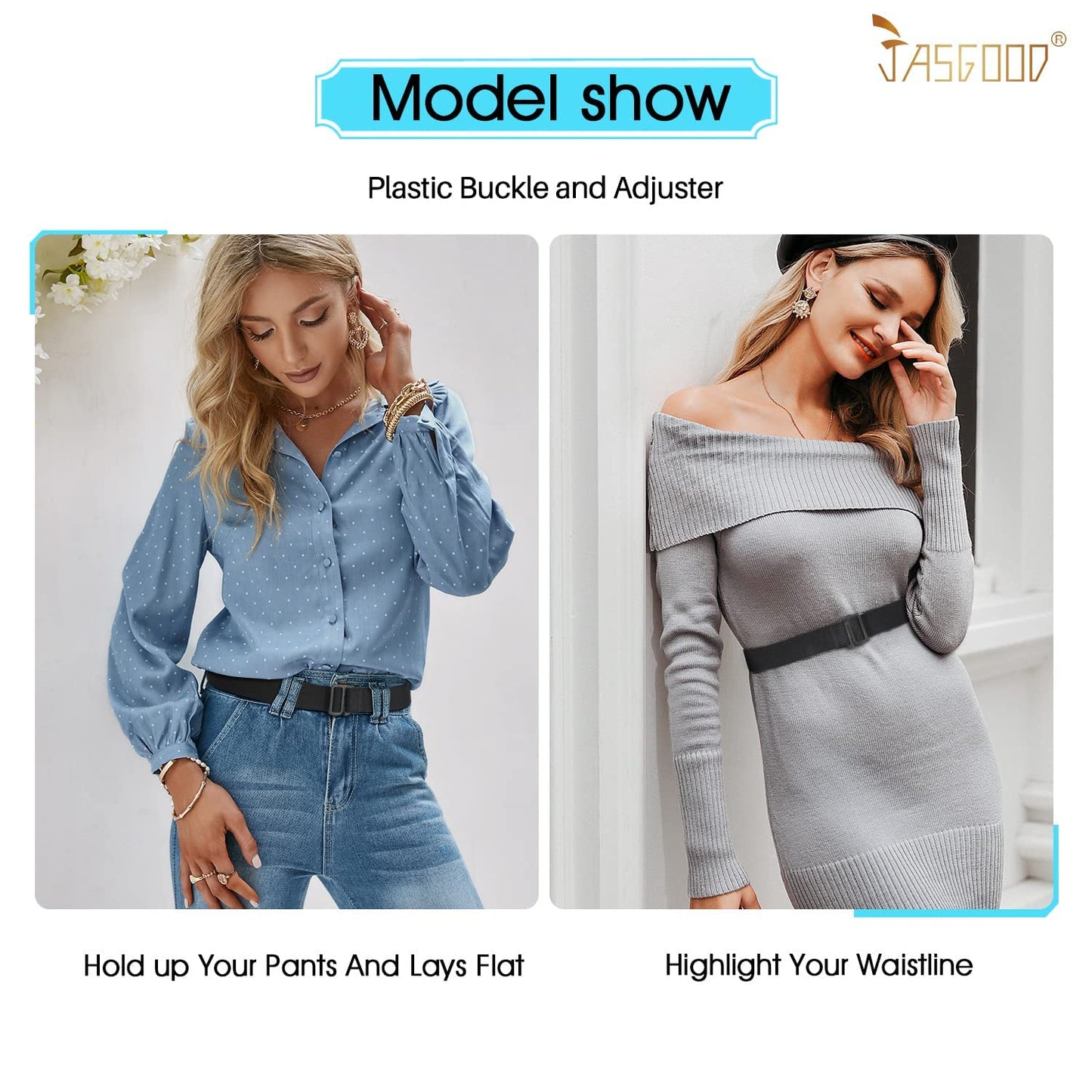 JASGOOD 4 Pack Invisible Women Stretch Belt No Show Elastic Web Strap Belt with Flat Buckle for Jeans Pants Dresses
