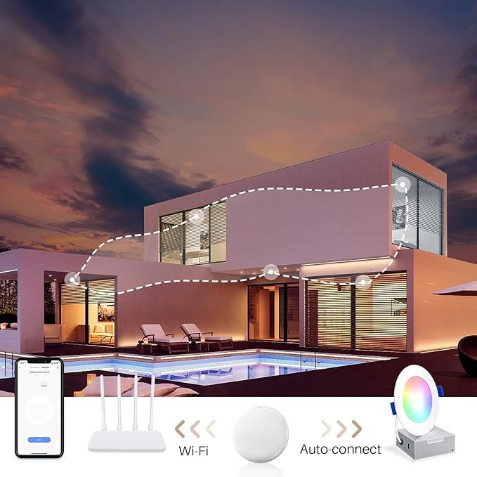 Peteme LED Smart Recessed Lighting 4 Inch Recessed Light IC Rated ETL Certified, Peteme Canless Ceiling Light RGBCW Color Changing Outdoor Soffit Downlight with J-Box for Alexa, 10W 800LM 6Pcs