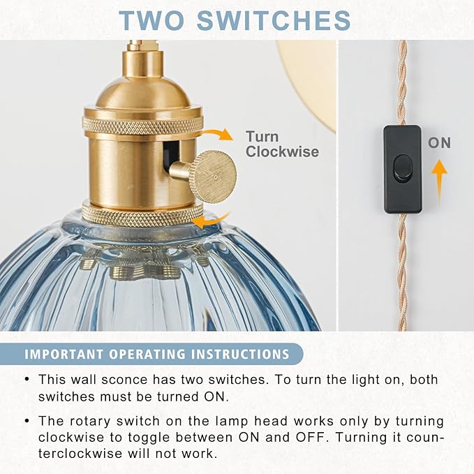 Plug in Wall Sconces Set of 2, Vintage Wall Sconce Light with Tulip Denim Blue Glass Lampshade, 180° Adjustable Wall Sconce with Switch and Plug in wall lamp Cord, Gold Wall Light Wall Decor Set of 2