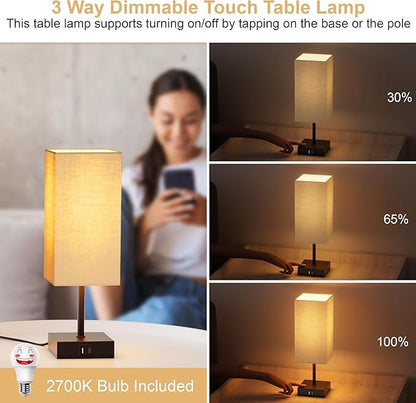 Sailstar Bedside Lamps, Table Lamp with USB C+A Charging Ports, 3 Way Dimmable Touch Control, Small Nightstand Lamps for Bedroom, Home Decor, Living Room, LED Bulbs Included, Upgraded Beige