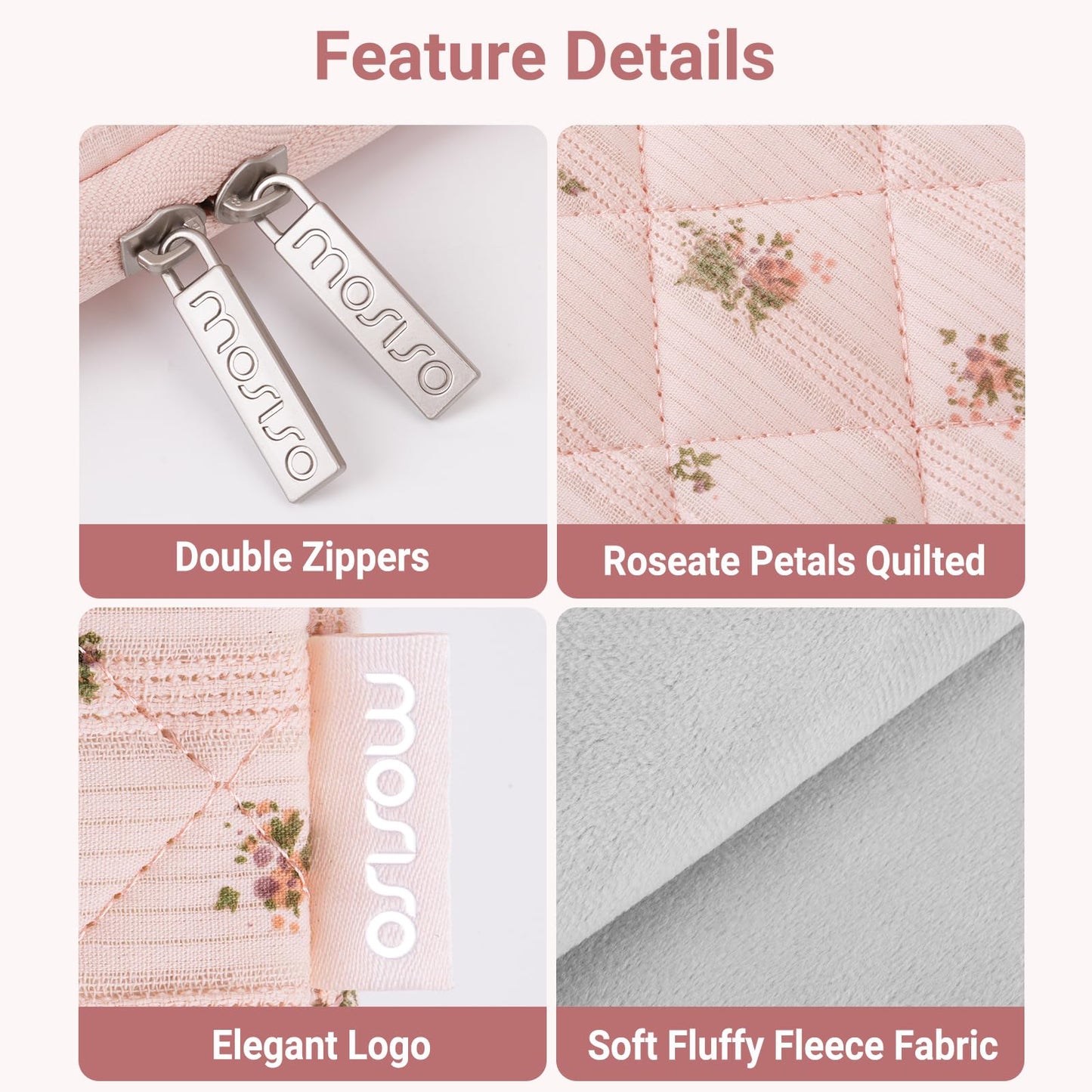 MOSISO 13-14 inch Laptop Case, 13.3 inch Puffy Laptop Sleeve Compatible with MacBook Air 13.6 M4 M3 M2 M1/Pro 13/Pro 14, HP Dell ASUS Lenovo, Square Quilted Carrying Bag with Small Case,Roseate Petals