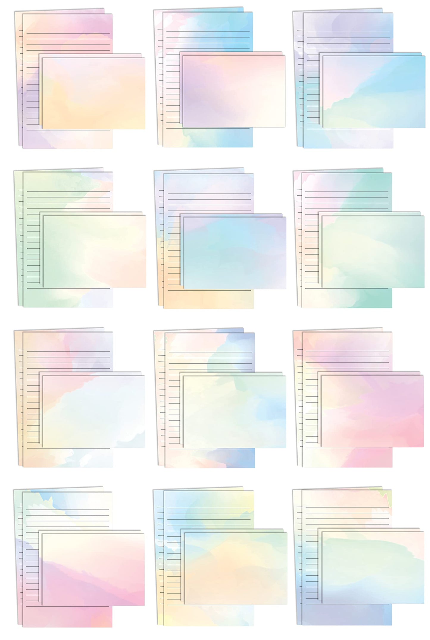 Better Office Products Mini Stationery Set, 100 Piece Set (50 Lined Watercolor Sheets + 50 Matching Envelopes), 5.5 x 8.25 inch, 12 Unique Designs, Double Sided Printing, One Side Lined Paper,