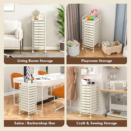 COSTWAY 10-Drawer Rolling Storage Cart, Utility Mobile Trolley with Removable Drawers & Universal Casters & 2 Brakes, Versatile Flexible Drawer Organizer Cart for Home, Office, White