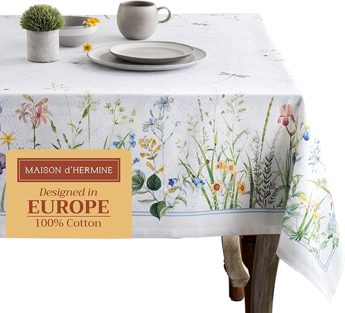 Maison d' Hermine Table Cloth Rectangle Table 100% Cotton 70 x 140 Inches Tablecloth Reusable Decorative for Dining Room, Farmhouse, Home, Party, Festive & Wedding Spring Summer - Fleurs De Mai