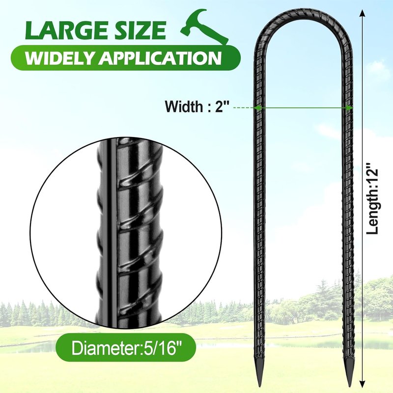 Trampoline Stakes Anchors - Heavy Duty 12" Ground Anchor for High Wind Stability | U-Shaped Rebar Stakes