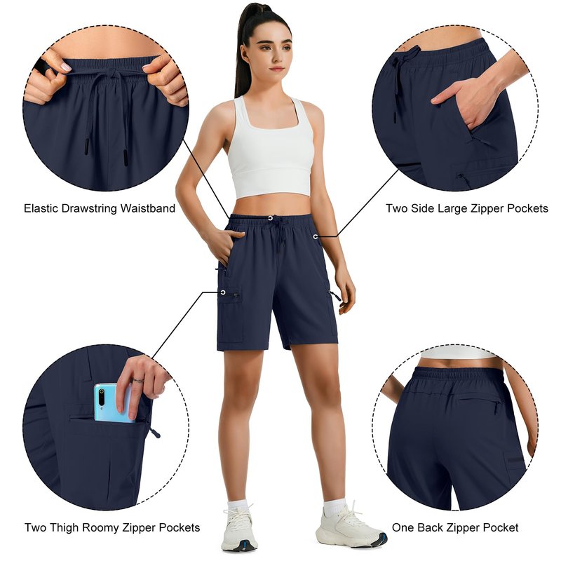 Hugut Women's Lightweight Hiking Cargo Shorts Quick Dry Athletic Shorts Camping Travel Golf Zipper Pockets Water Resistant Navy