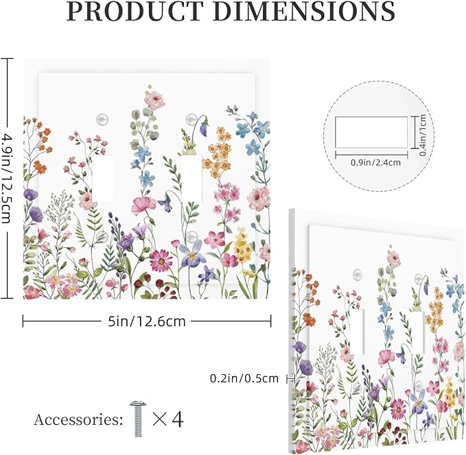 Rustic Wild Floral Vintage Watercolor Flower Double Toggle Light Switch Cover Decorative 2 Gang Wall Plate Electrical Switchplate Faceplate for Bathroom Kitchen Decorate Accessories