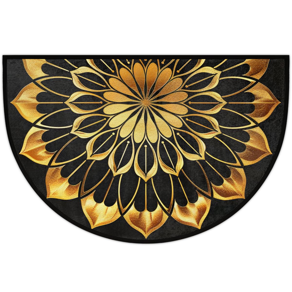 Half Round Doormat Mandala Ethnic Gold Florals Non Slip Half Circle Area Rugs Indoor Washable Half Moon Rug Semi Circle Bathroom Runner Mat Entrance Floor Carpet for Kithen Bedroom Fireplace Decor