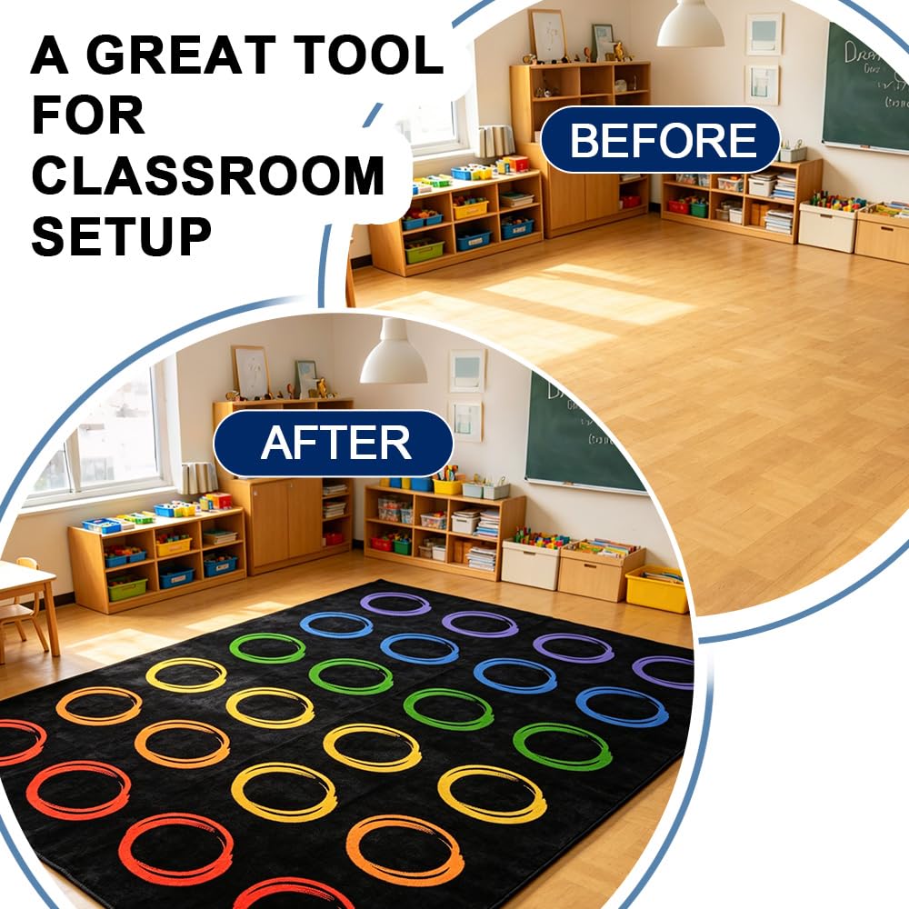 MAISONRINA Classroom Rugs Elementary with Colorful Circle, Large Classroom Rug for Preschool Nursery Daycare, Educational Kids Carpet for Kindergarten, 13'x7'7'' Playmat Seats 24(Black)