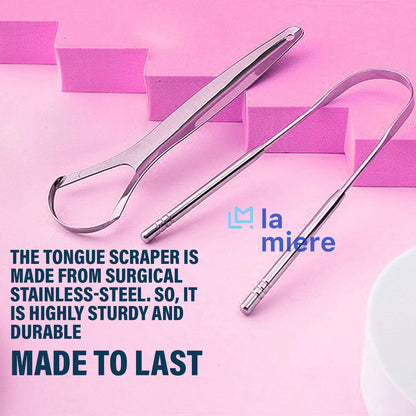 LA MIERE Tongue Scraper (2 Pack), 100% Stainless Steel, Easy to Use Tongue Scraper for Adults, Tongue Cleaner for Oral Care & Hygiene with Natural Cotton Bag