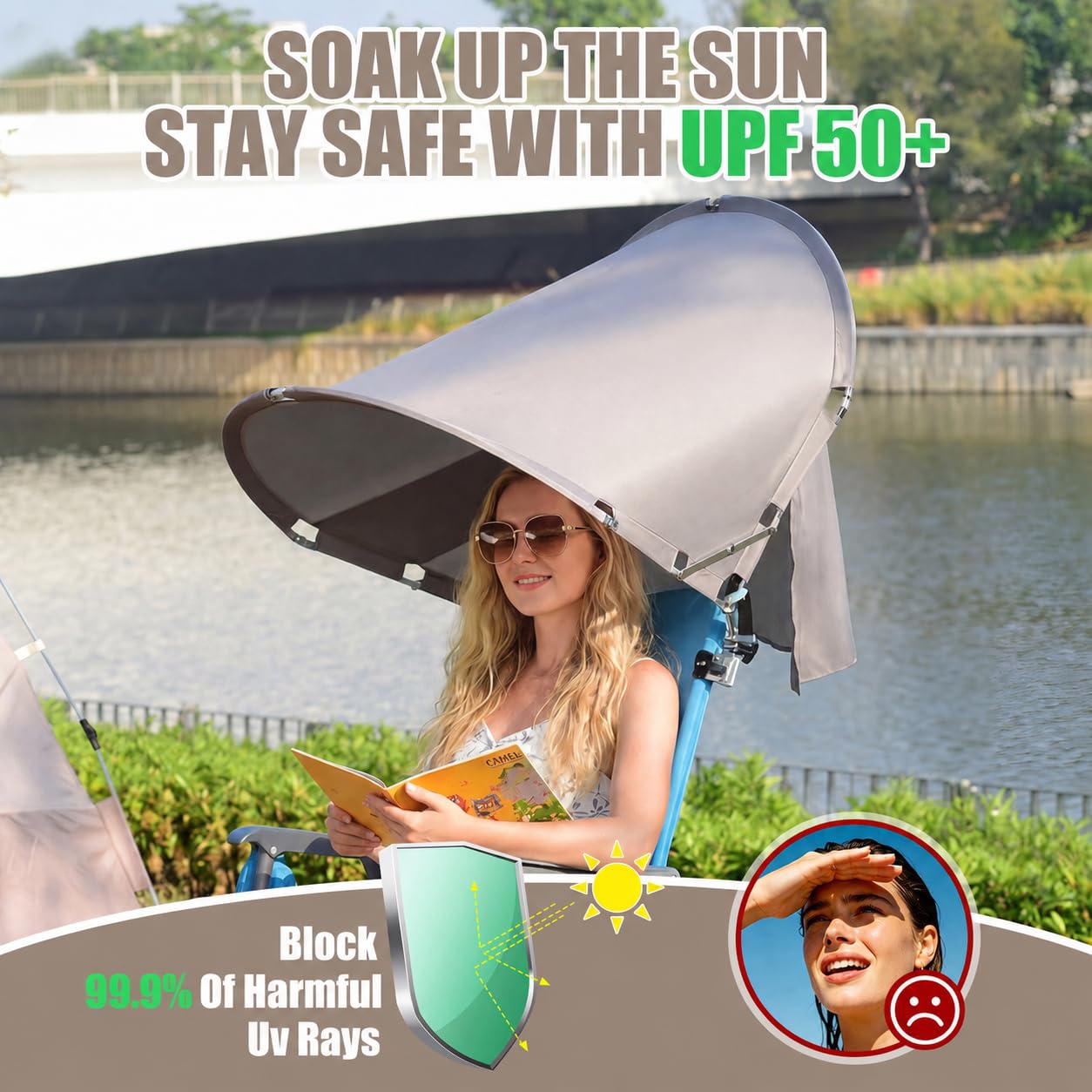 XL Universal Wind-Resistant Chair Umbrella Canopy, Extra Large Foldable UPF 50+ Sun Shade Attachment with Adjustable Clamp, Fits Most Beach, Camping, Lawn, Zero Gravity Chairs, 2 Pack, Patented