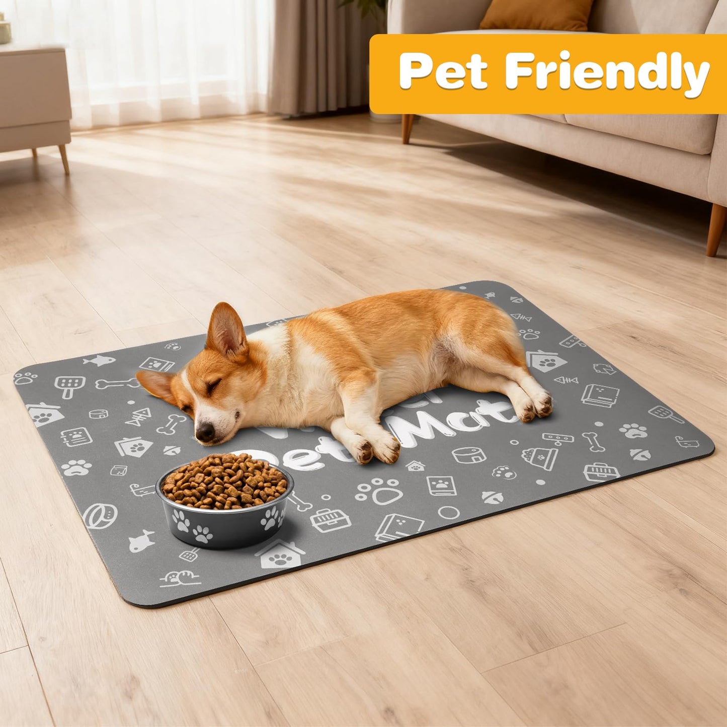 Pet Feeding Mat,Dog Cat Mat for Food and Water,Dog Bowl Waterproof Placemat with Rubber Backing,Absorbent Quick Dry Water Dispenser Mat for Pet（Dark Gray 12"×18"）
