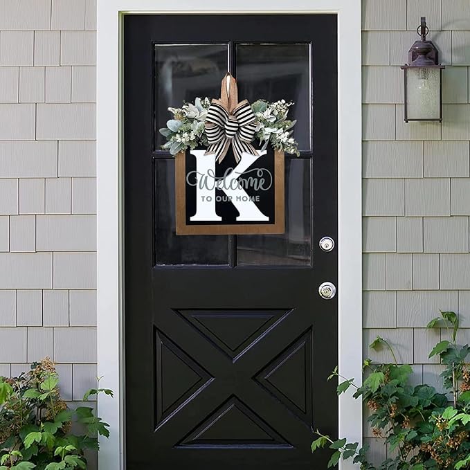16'' Personalized Last Name Welcome Sign, Door Wreaths for Front Door Outside, Spring Wreath for Front Door Decor, Farmhouse New Home Gifts for Home (K)