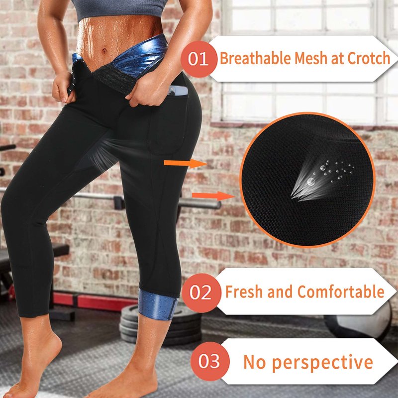 DYUAI Sauna Leggings for women High Waist Sauna Sweat Pants with pocket Compression Workout Legging Sauna Suit(WBH7006-01-M)