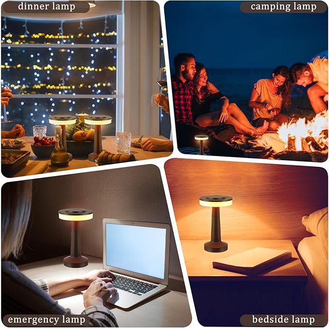 Riakrum Set of 2 LED Portable Cordless Table Lamp with Touch Sensor 3 Color Stepless Dimming Rechargeable Battery up to 15 Hours Cordless Table Light Wireless Lamp for Nursery(Brown,2 Pcs)