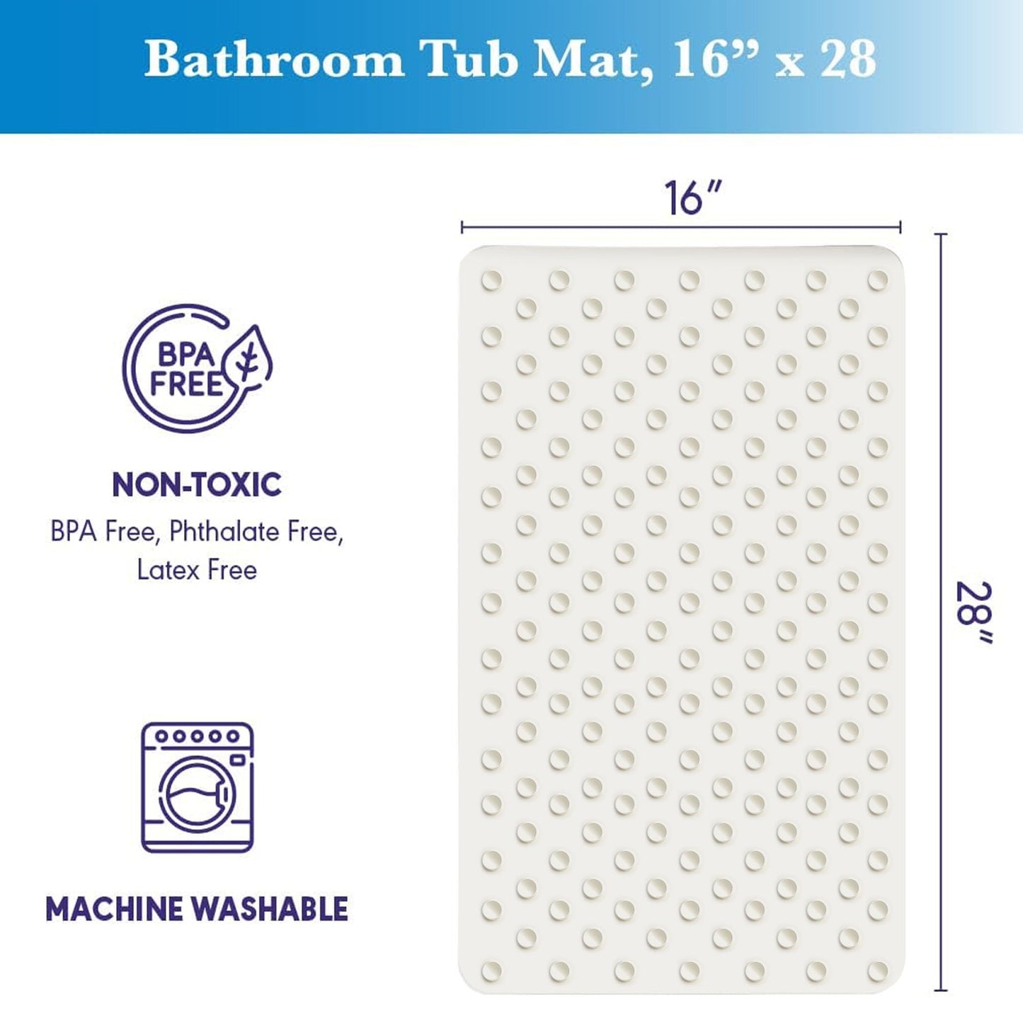 Epica Non Slip Bathtub Mat | Real Rubber Bath Mat for Tub, Shower, Baby Safety, Kids, Pet Dog, Soft No-Slip Nonskid, 16” x 28