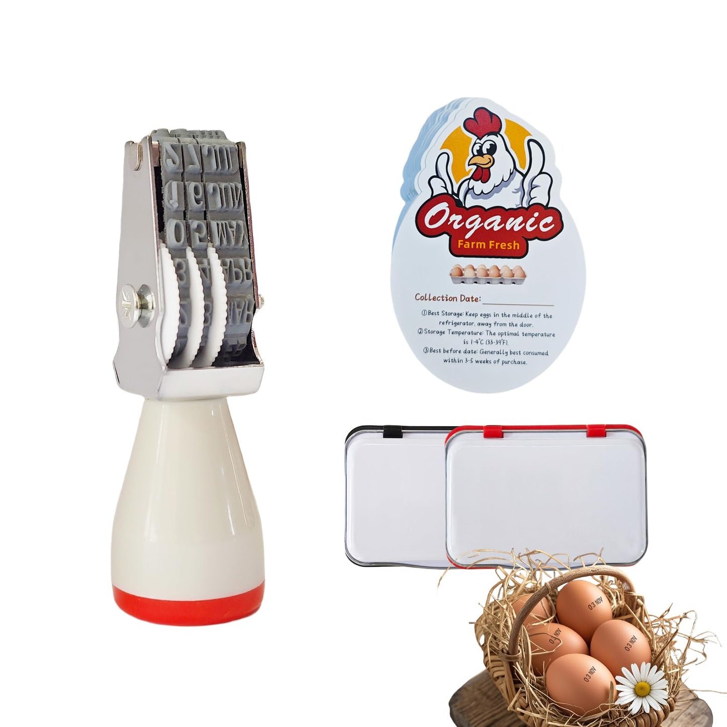 Aunewrick Egg Dater Kit, Date Stamp, 2 Fade-Resistant Inks (Red & Black), Stamper Pad, 50 Farm Fresh Eggs Instructions, for Chicken Duck Turkey Goose Eggs