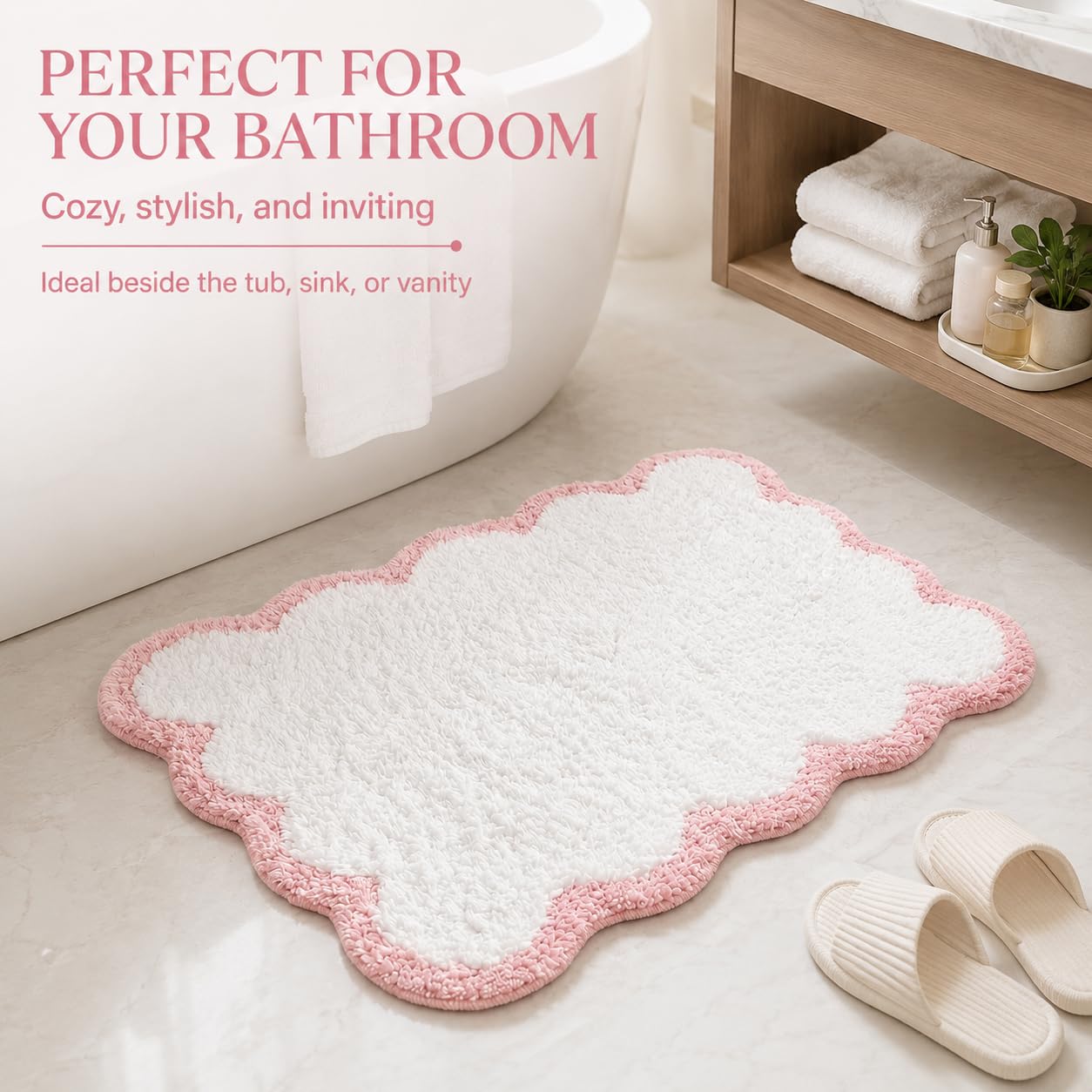 Inshere Scalloped Pink Bath Rug, Cute Bathroom Rug, Soft Absorbent Quick Dry Bath Mat, TPR Non Slip Backing, Microfiber Mat for Shower Tub Sink Vanity 20" x 31.5"