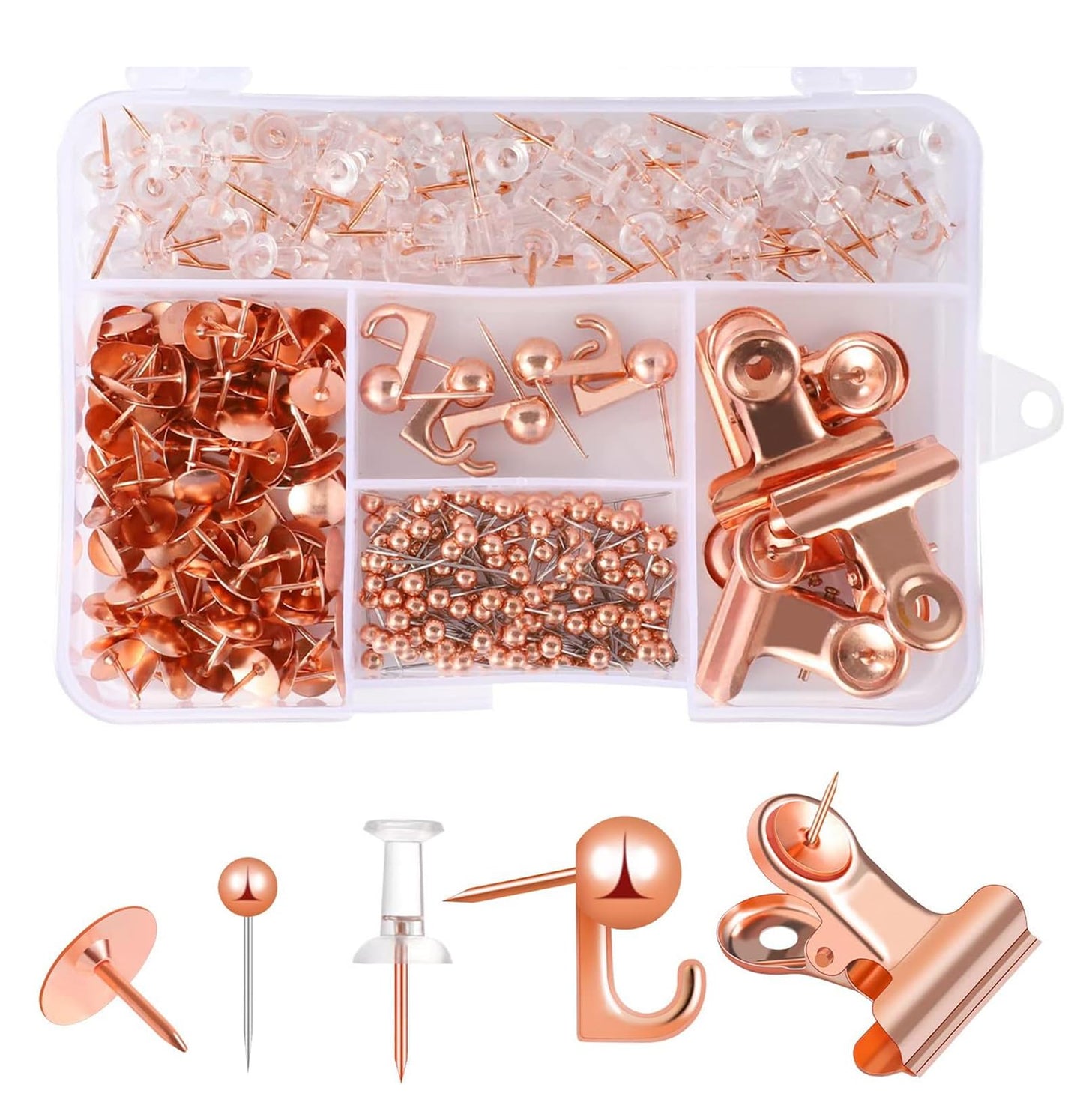 RZJZGZ 310 Pcs Gold Push Pins Set Decorative Push Pins for Cork Board 5 Style Pins Office Accessories (Rose-Gold)