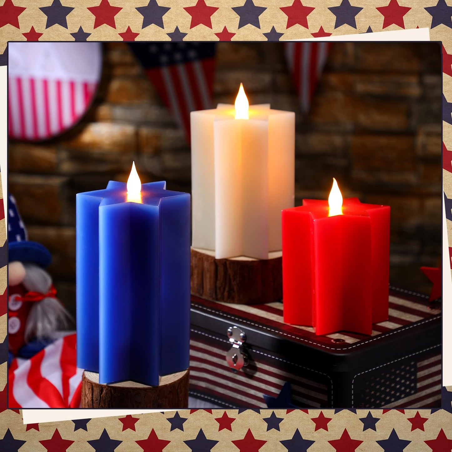 LCZLUMIPRO 3 Pack Star Shaped 4th of July Flameless Candles, Red White and Blue Patriotic Battery Operated LED Candles, Decorative Pillar Candles for Independence Day Home Party Decor