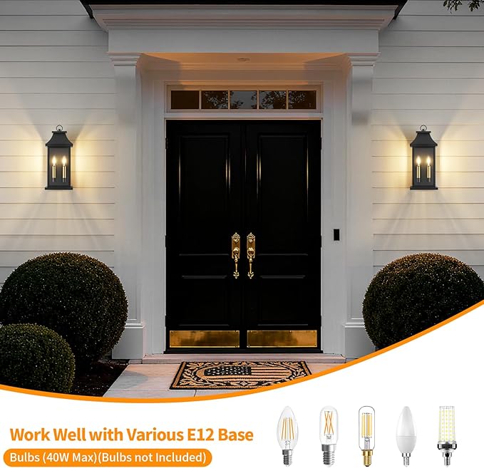 tewei 2-Light Black Outdoor Light Fixture, Porch Light Outdoor Wall Sconce Lantern, 22'' Exterior Lighting Fixture Wall Mount E12 Gold Base, Outside Light for House Backyard Garage, 1-Pack
