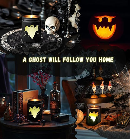 Halloween Decor Indoor-Halloween Gifts Candles for Women with LED Ghost, Ghost Candle with Mint & Musk Scent Over 40 Hours of Burn Time, Gift for Holiday, Home Fall Decorations Indoor, 100% Soy Wax