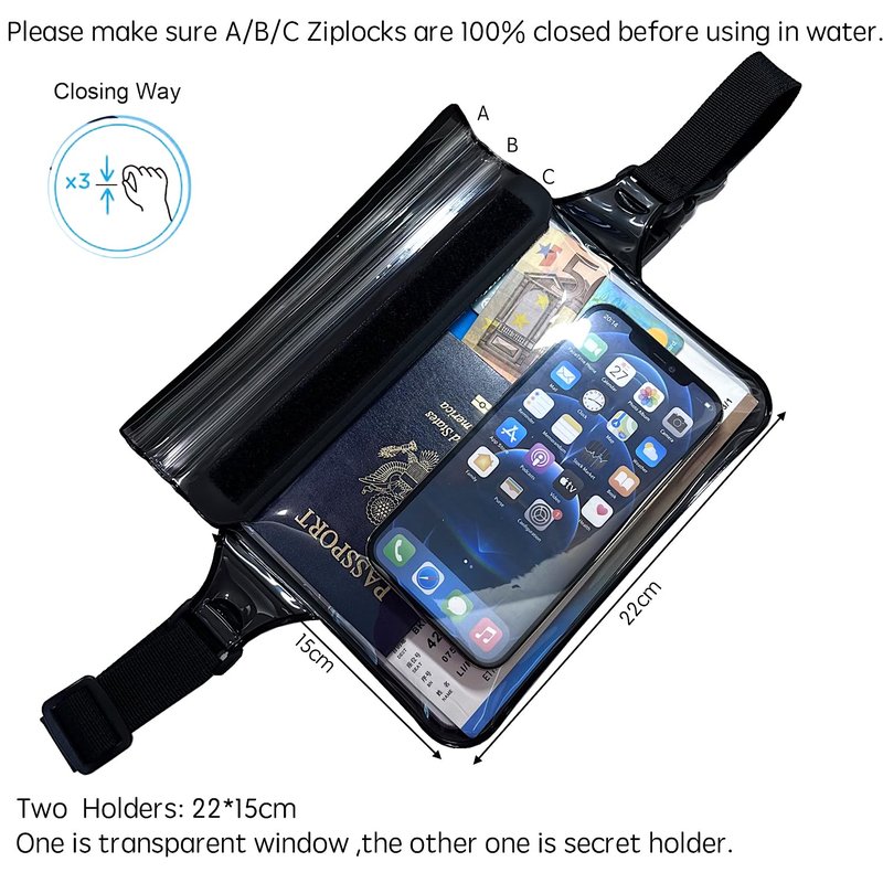DRLOKPAK Waterproof Waist Bag Pouch Fanny Pack Bum Bag with Secret Holder Keeps Your Phone Kindle Wallet Watch & Valuables Dry - Perfect for Surf Canoe Swim Snorkel Dive Beach Pool(Black)
