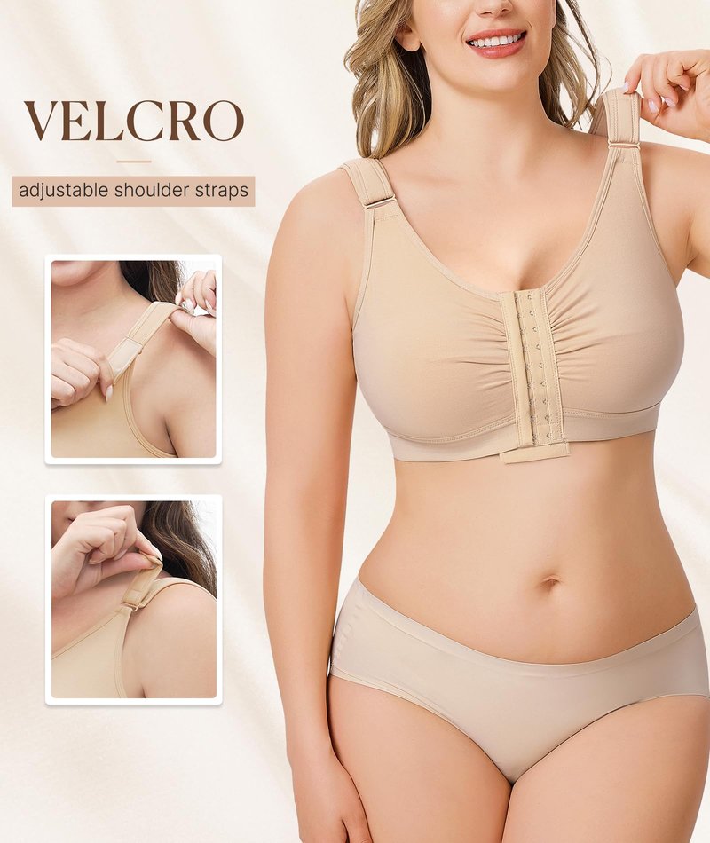 BRABIC Post Surgery Front Closure Bras for Women Full Coverage Compression Mastectomy Wireless Bra with Adjustable Straps, Beige, Medium