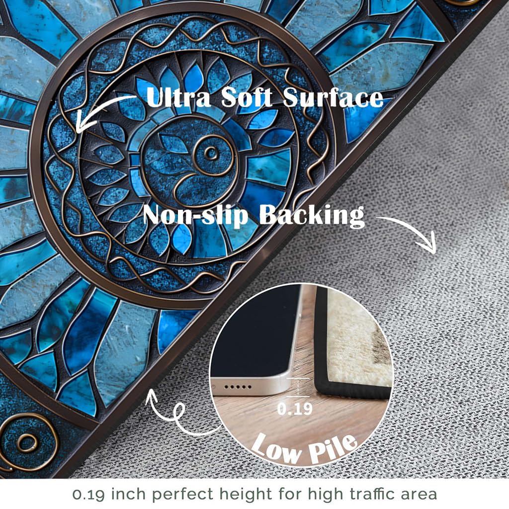 Half Round Door Mat 35.4 x 23.6 Inch, Non Slip Washable Semicircle Entryway Rug, Blue Mosaic Floor Mat for Front Door Kitchen Bathroom Patio(Blue, 35.4 x 23.6inch)