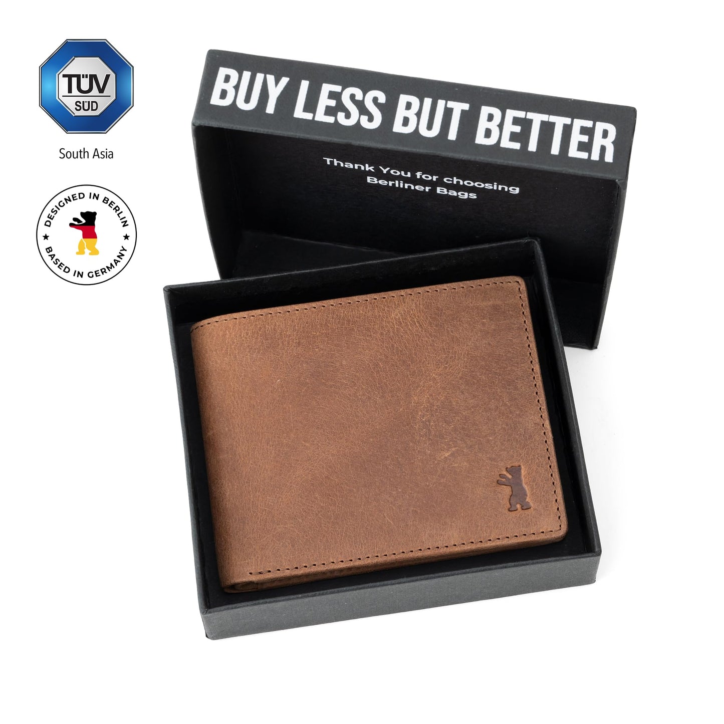 BERLINER BAGS Vintage Genuine Leather Wallet for Men Brooklyn, RFID Blocking, Bifold, Front Pocket Slim Wallet, 10 Card Holder, 2 Bills Compartment, Gift Box - Brown