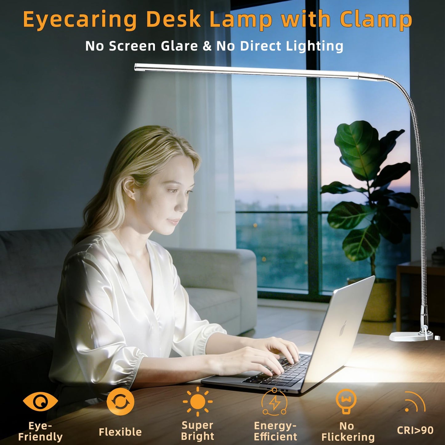 Tikroom Space Aluminum LED Desk Lamp with Clamp, Clip on Light for Reading Study Desk Light 3 Modes 10 Brightness Flexible Gooseneck with USB Adapter Table Lamp for Home Office Computer Nail Work