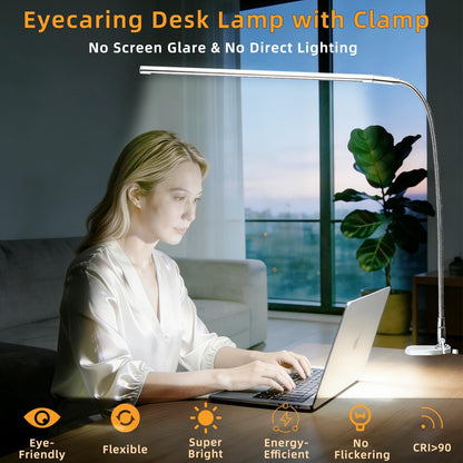 Tikroom Space Aluminum LED Desk Lamp with Clamp, Clip on Light for Reading Study Desk Light 3 Modes 10 Brightness Flexible Gooseneck with USB Adapter Table Lamp for Home Office Computer Nail Work
