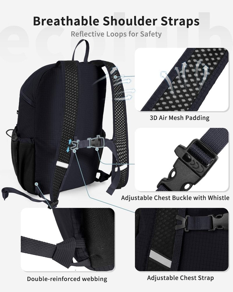 ECOHUB 15L Lightweight Casual Daypack, Packable Backpack for Daily Use, Hiking & Travel, Foldable Small Backpack with Stretch Mesh Pockets, Water-Resistant Nylon, Reflective Design
