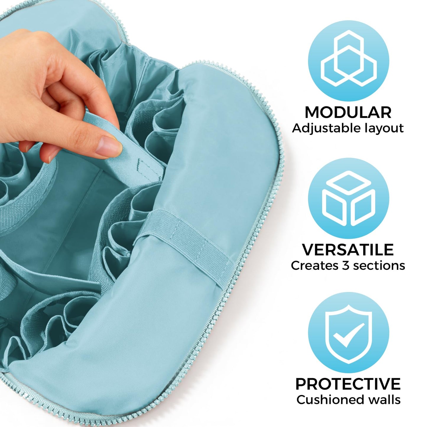 Travel Makeup Organizer Bag with Fold-Down Design and Adjustable Dividers, 27 Pockets & 3 Brush Storage Holders, Large Capacity Cosmetic Bags Toiletry Case - Light blue